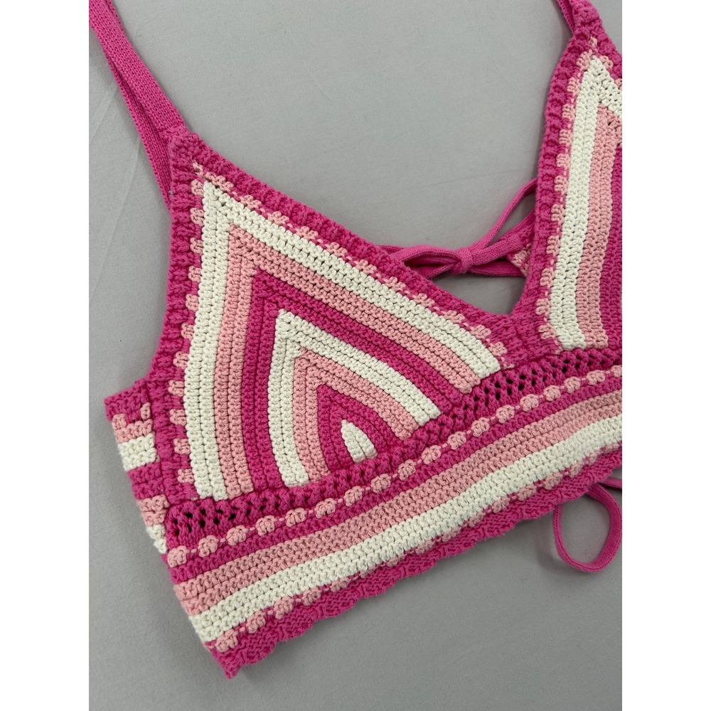Forever 21 Pink Crochet Bralette Top Striped Boho Festival Knit Medium